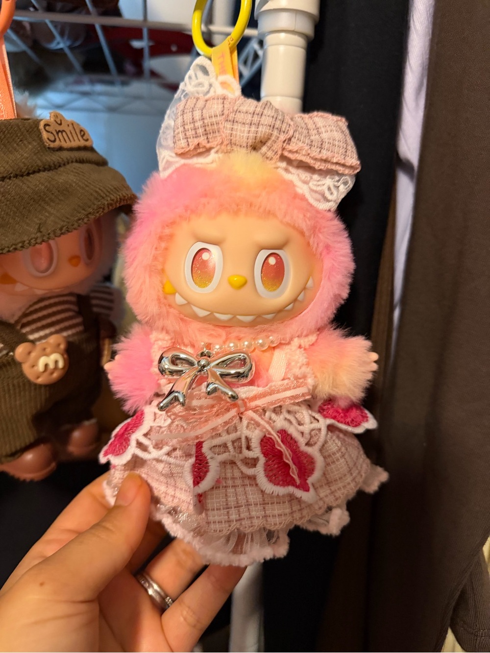 popmart labubu Pink Plush Character Keychain with Lace Dress